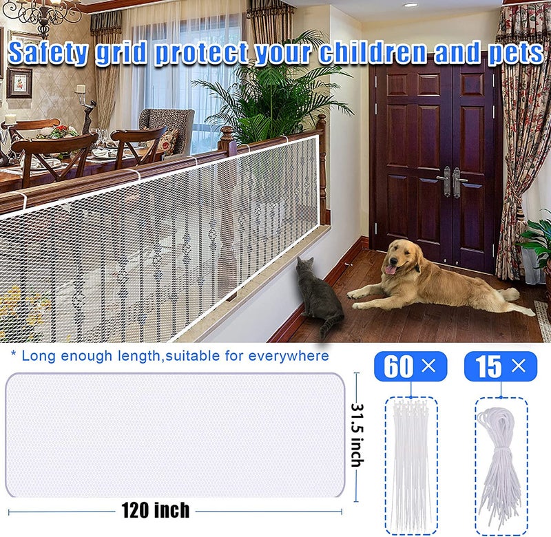 JIFTOK Stairway Net - Baby Safety Rail - Balcony Railing Guard -10ft L x 2.6ft H Banister Proofing Stair for Child, Small pet,Toy- Indoor & Outdoor(White) - Image 2